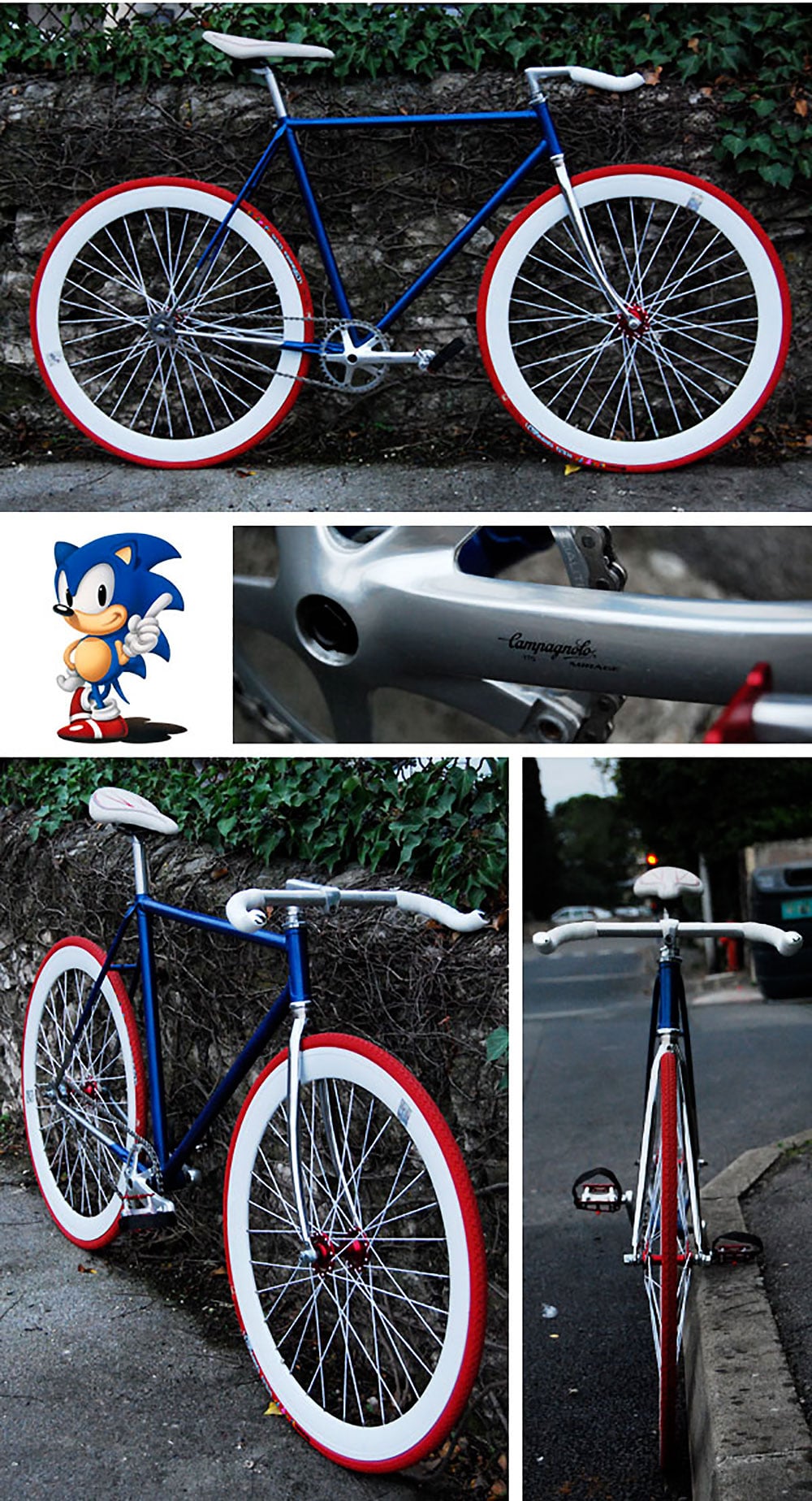 Vélo fixie pignon fixe aux couleurs de "Sonic" par Basile !